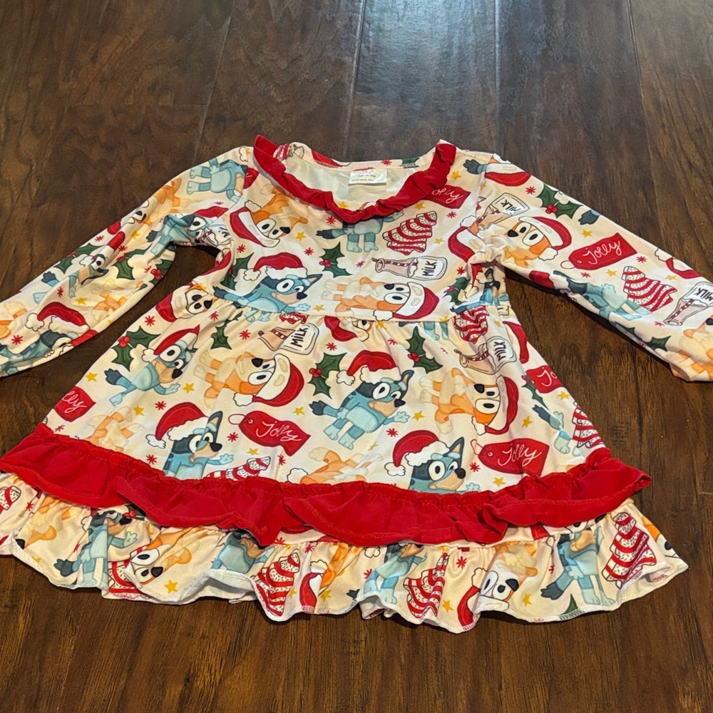 Cartoon Holiday Dress with Bluey Print